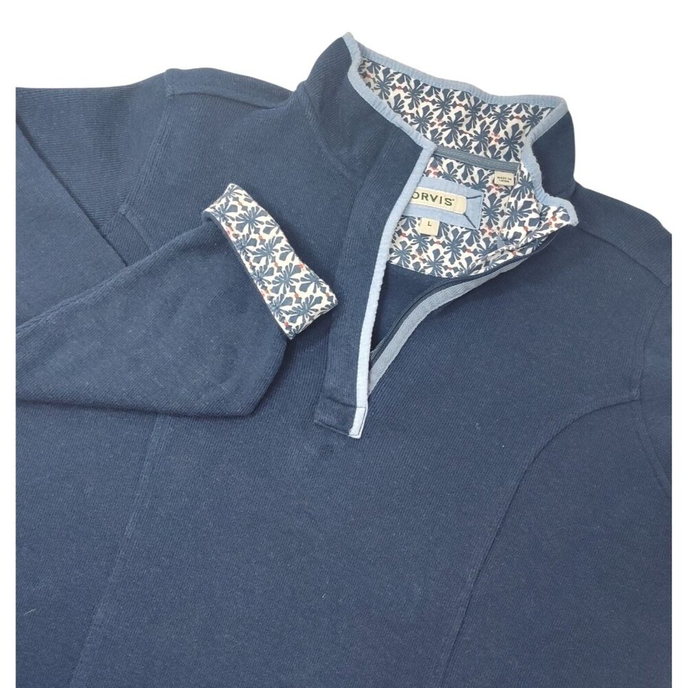 Orvis Women's Signature Print Trim Quarter Zip Sweater L Navy